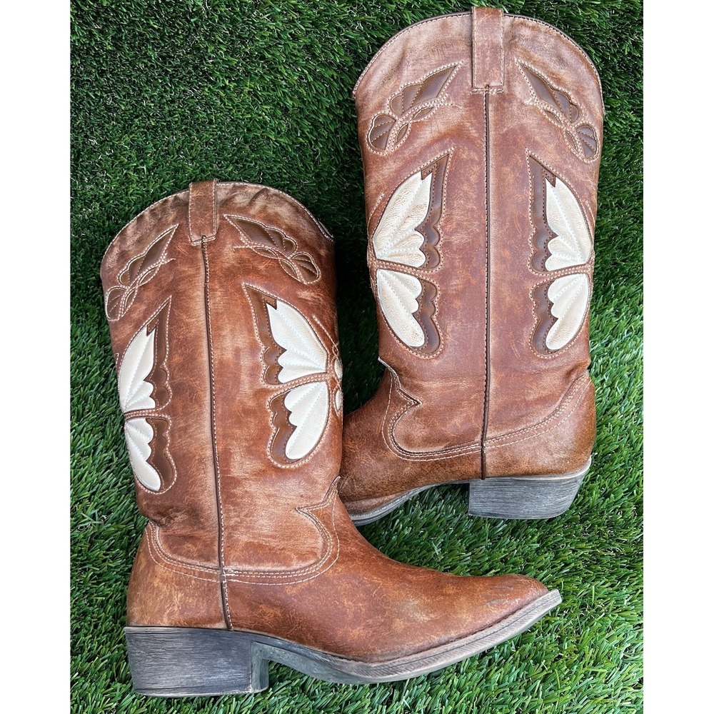 Coconuts Matisse Boots Women Size 8.5 Monarch Tan Western Butterfly Cowgirl